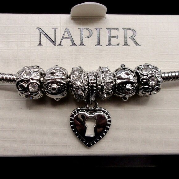 Napier Silver Plated Charm Slider Bracelet, Snake Chain Heart Charm, Vintage - Picture 3 of 6